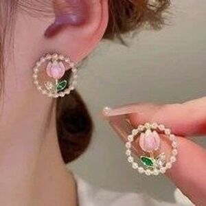Cute Pink Tulip Flower Round Pearl Border Earrings Women